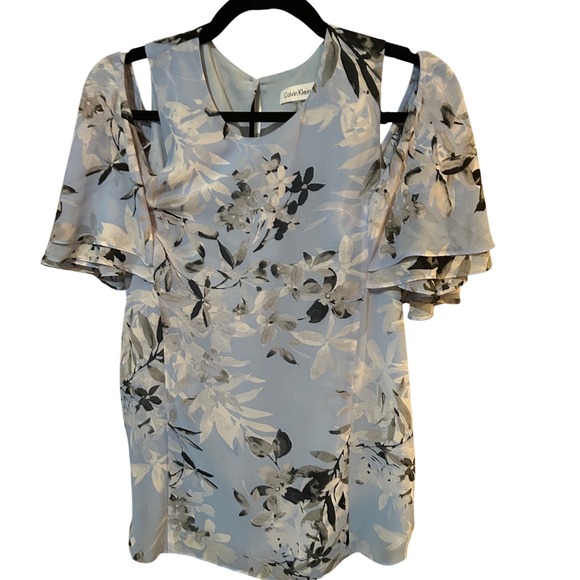 Calvin Klein Floral Cold Shoulder‎ Dress Flounce Sleeve Party Medium - Picture 1 of 5